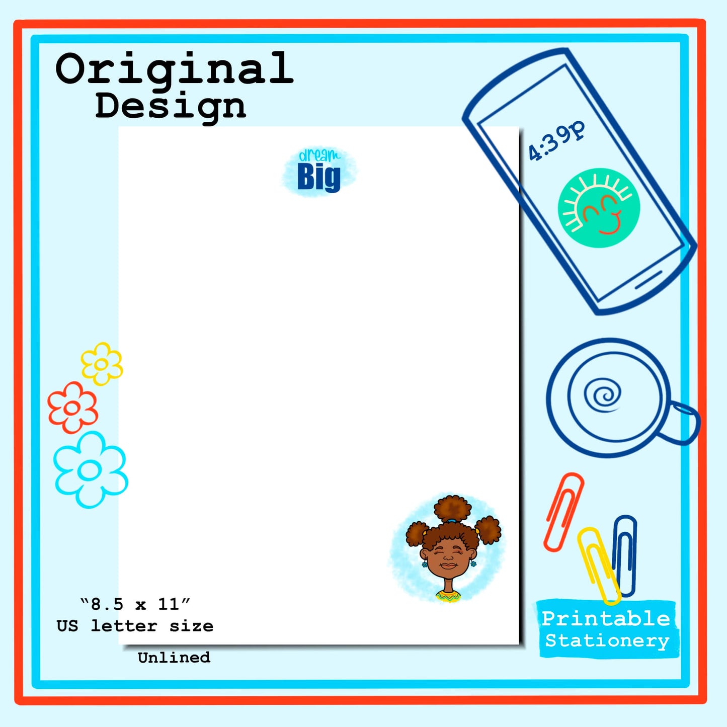 Dream Big Printable Stationery Set Lined and Unlined Notetaking Drawing Letter Writing