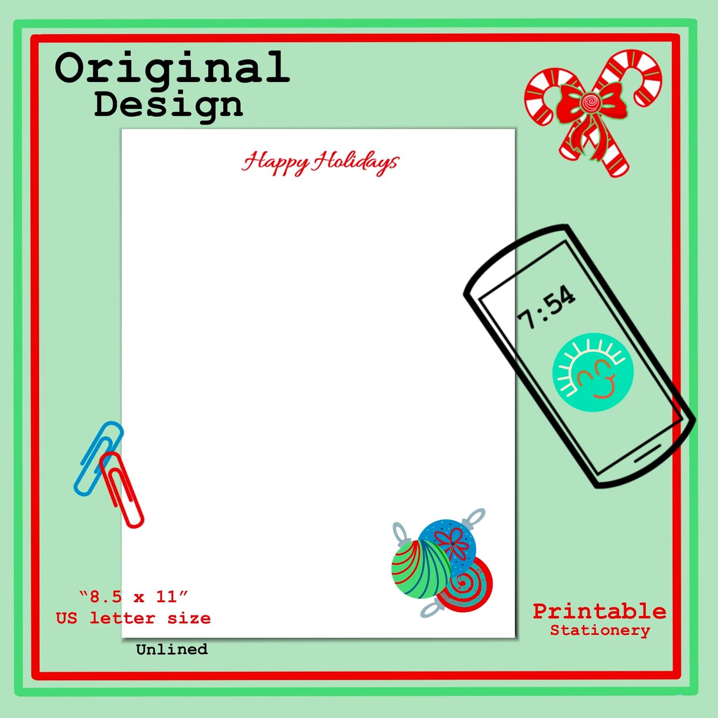 Happy Holidays Ornaments Printable Stationery Journal Writing Notetaking Lined and Unlined