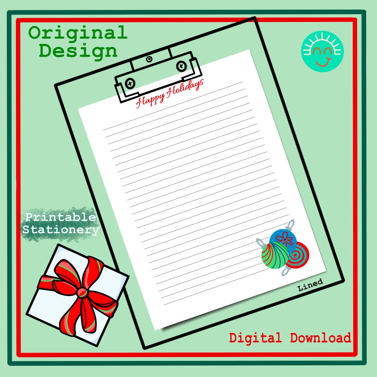 Happy Holidays Ornaments Printable Stationery Journal Writing Notetaking Lined and Unlined