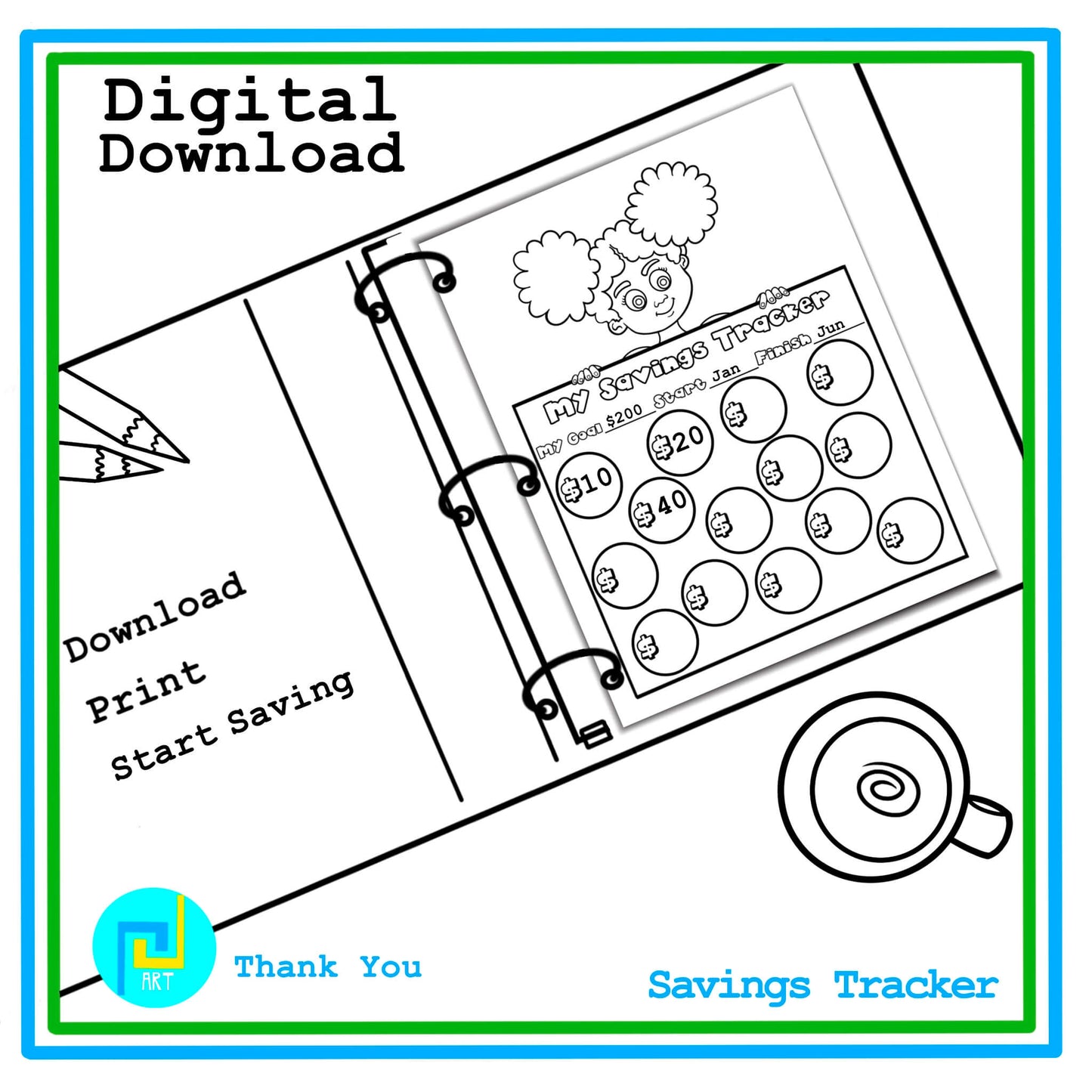 Savings Tracker for Kids Printable Savings Challenge Worksheet Digital Download Coloring Page