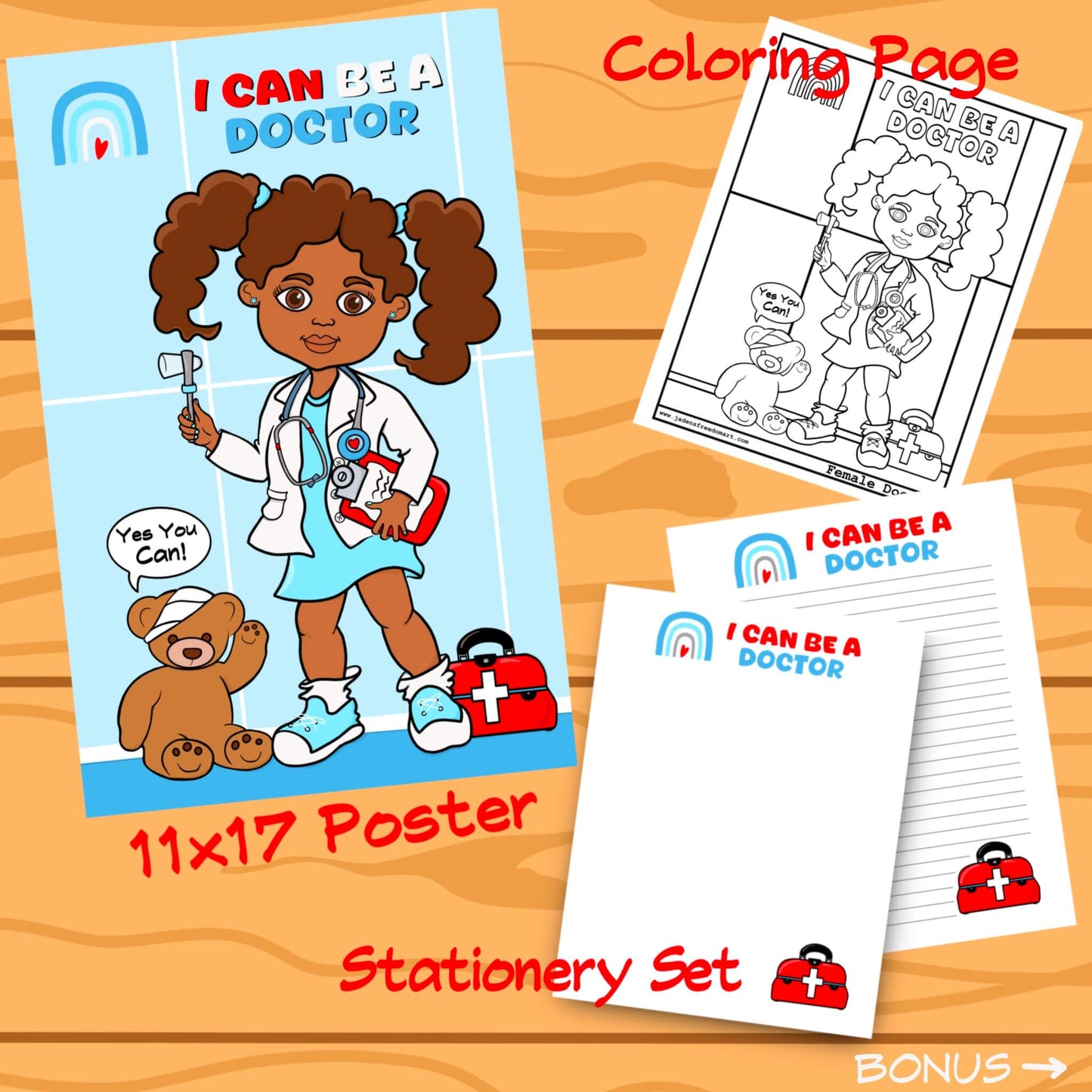 Cartoon Doctor Pretend Play Female Character Printable Classroom Educational Inspirational Black Girl Art Medical Poster Set