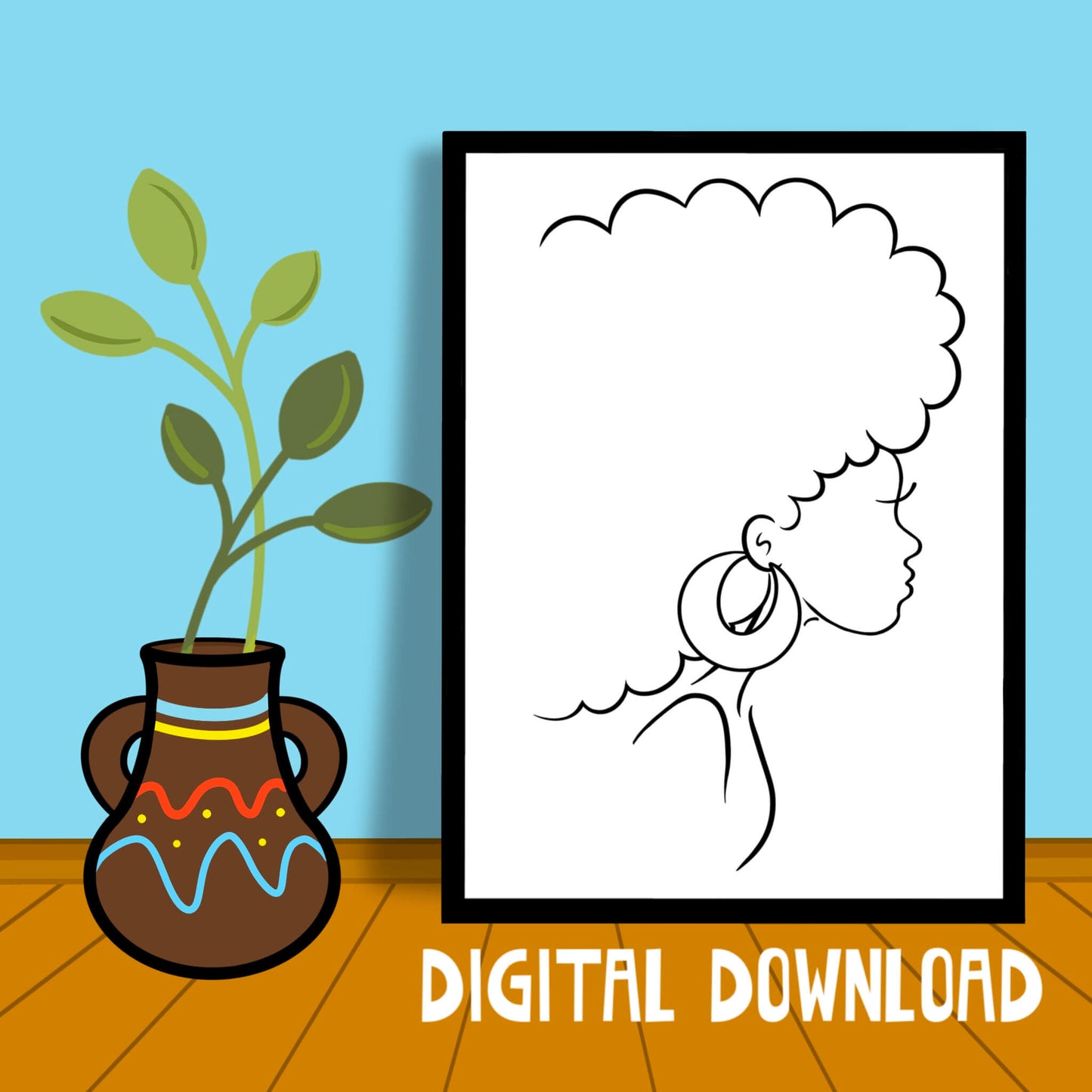 Minimalist Line Art Female Drawing Wall Digital Print African American Woman Illustration