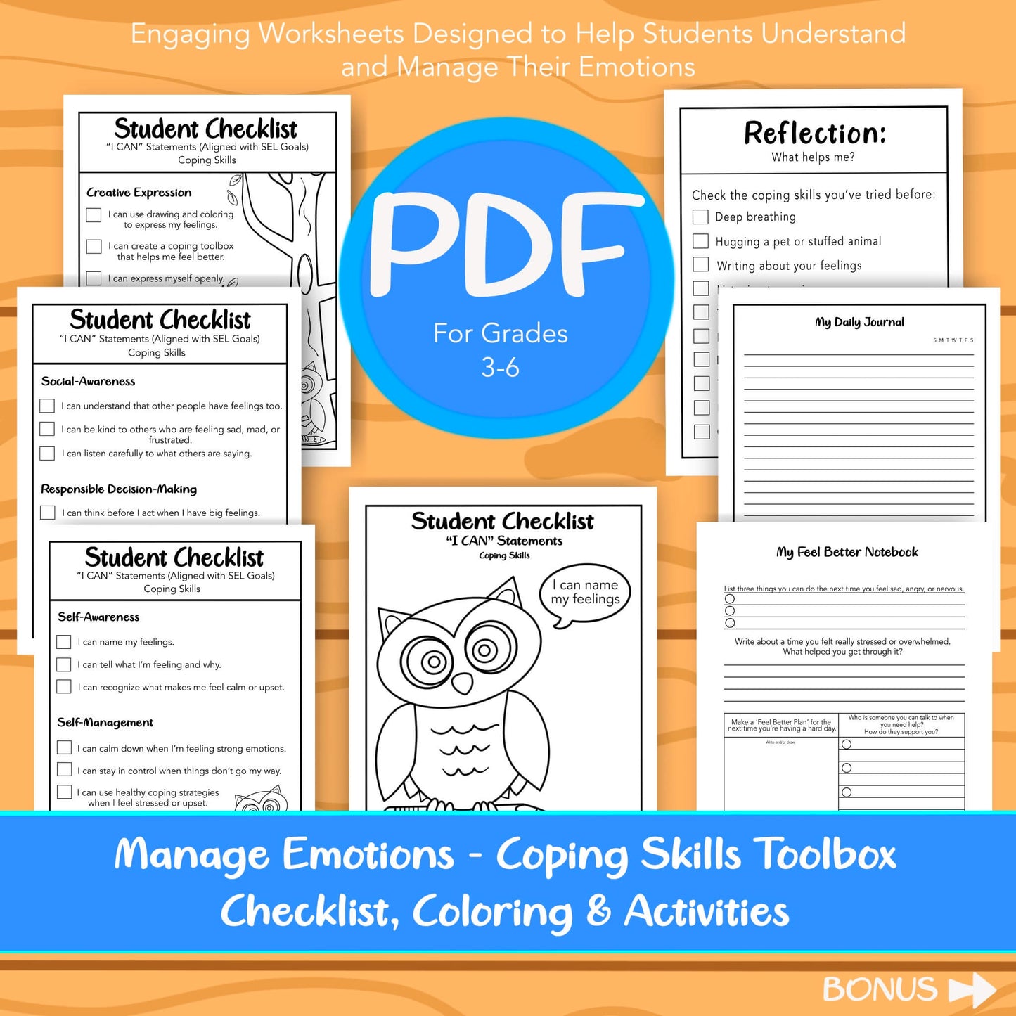 Printable SEL Coping Skills Worksheets Coloring Pages Grades 3–6 Self-Regulation Tools Emotional Check-ins Mindfulness