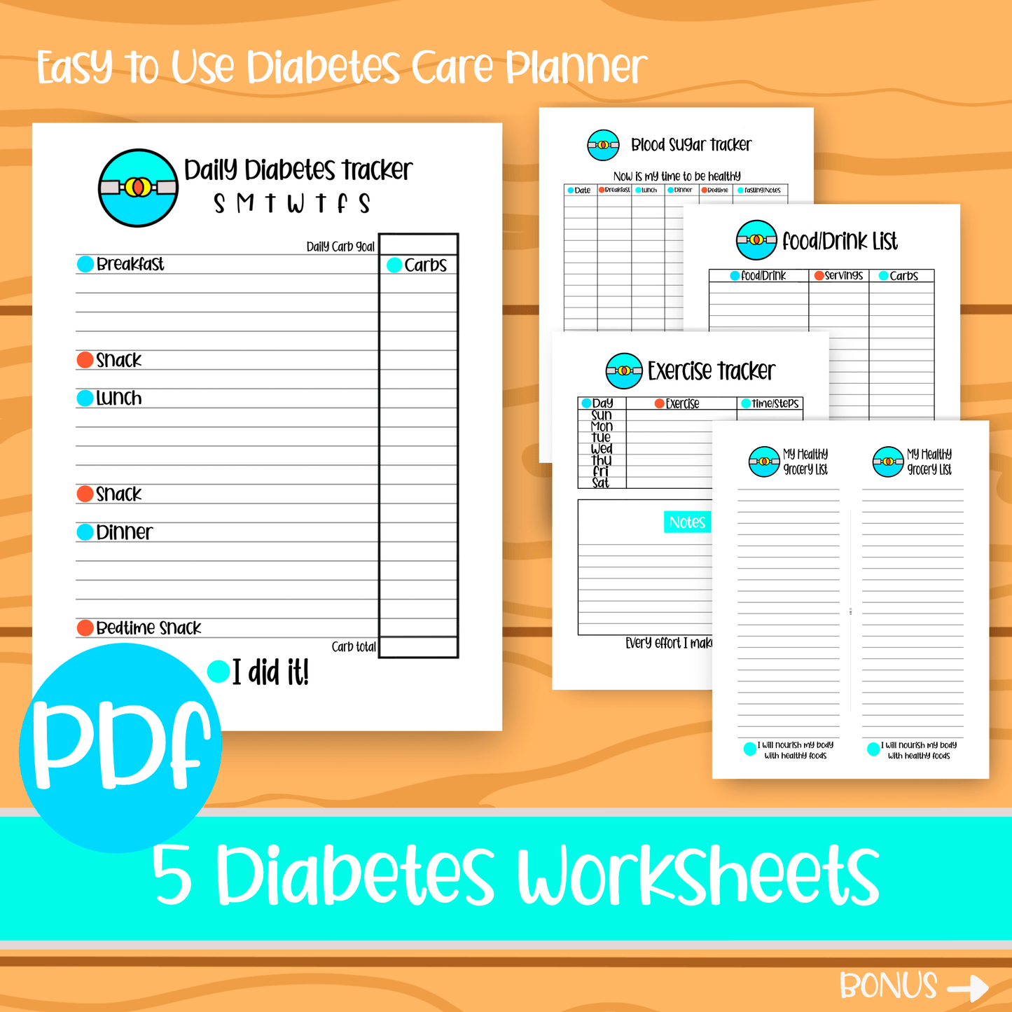 Printable Diabetes Tracker Planner Blood Sugar Log Food Journal Exercise Gratitude Sheets Health PDF Instant Download