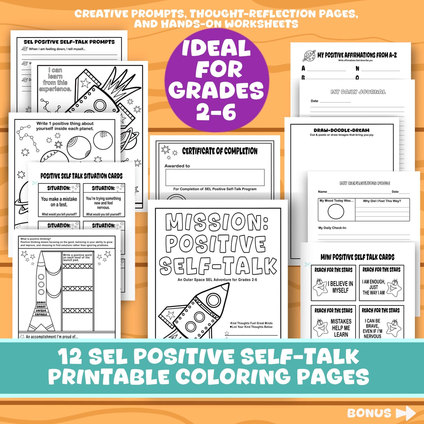 Positive Self-Talk Printable for Kids Space Travel-Themed SEL Activities 12-Page Social Emotional Learning Resource Daily Journal