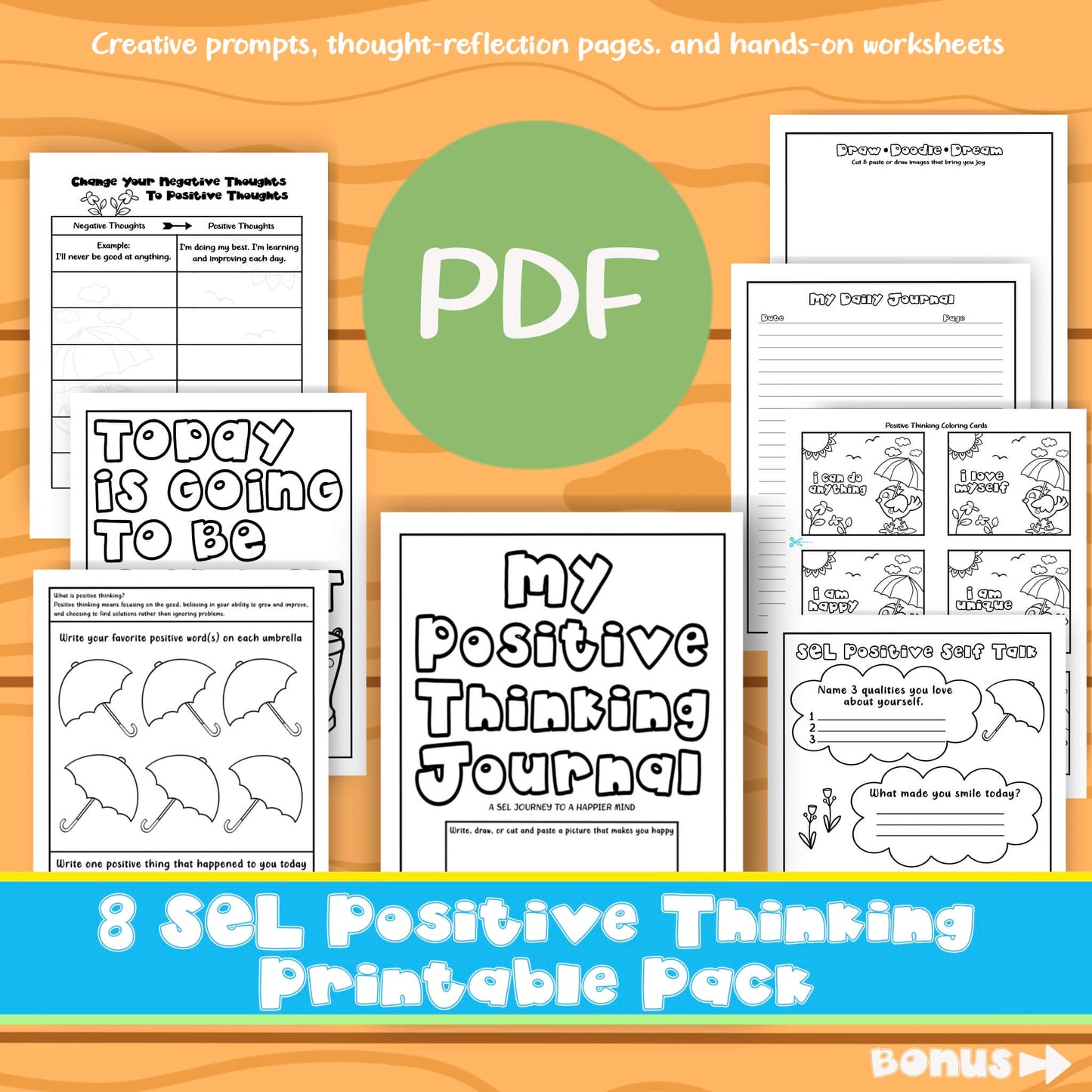 Power of Positive Thinking SEL Bundle for Kids Growth Mindset Printable Coloring Page Self-Talk Journal Activities Positive Affirmations Thought Reframing