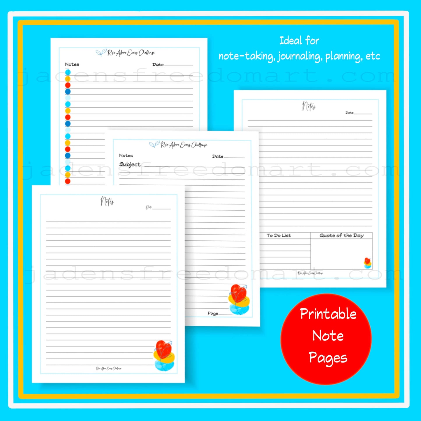 Printable Notes Pages Inspirational Stationery Set PDF Journal Pages Note-taking Planner Instant Download Colorful Boho Abstract Design