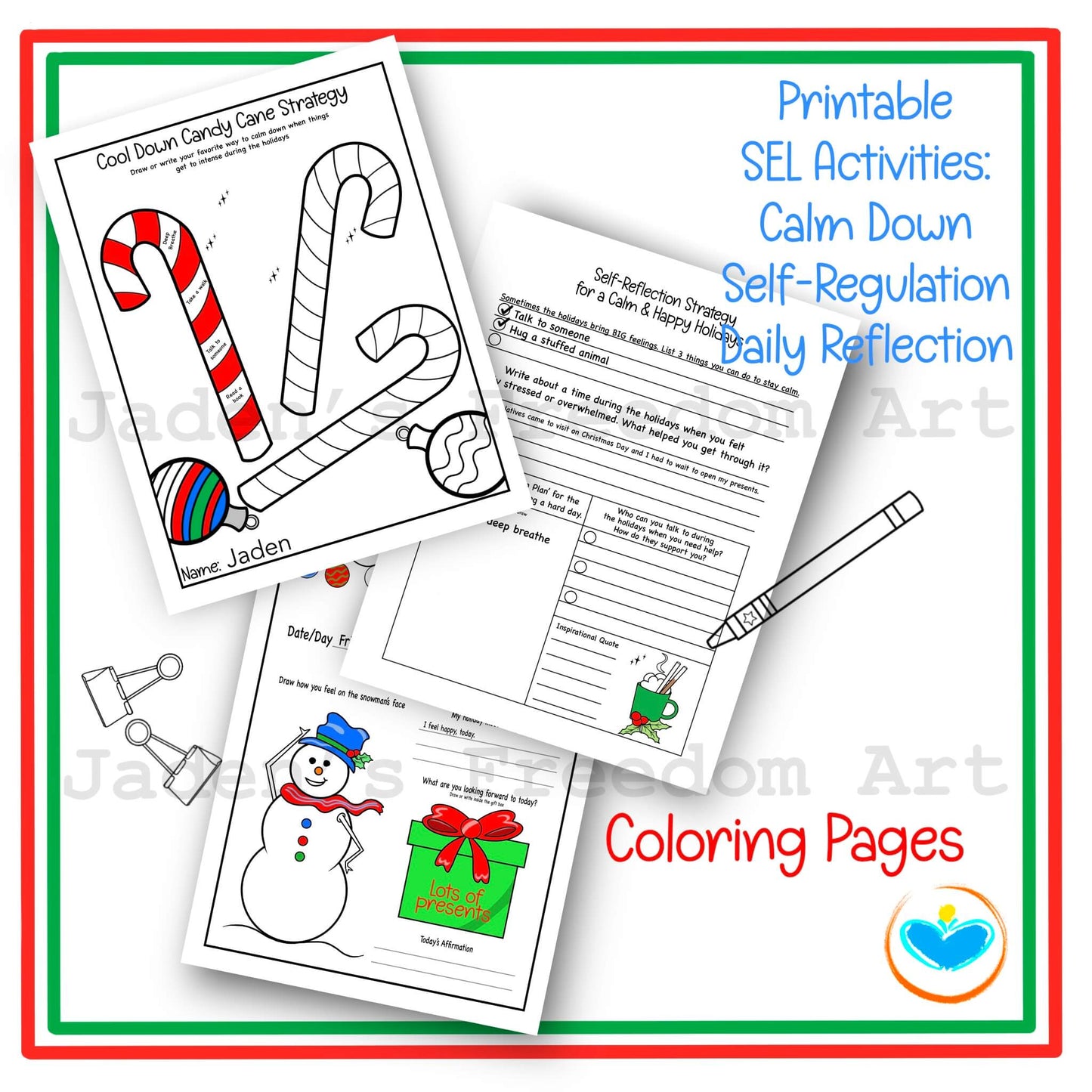 Holiday SEL Printable for Self-Regulation & Emotional Management Grades 3-5 Kindness Checklist Daily Reflection Calm Coloring Pages