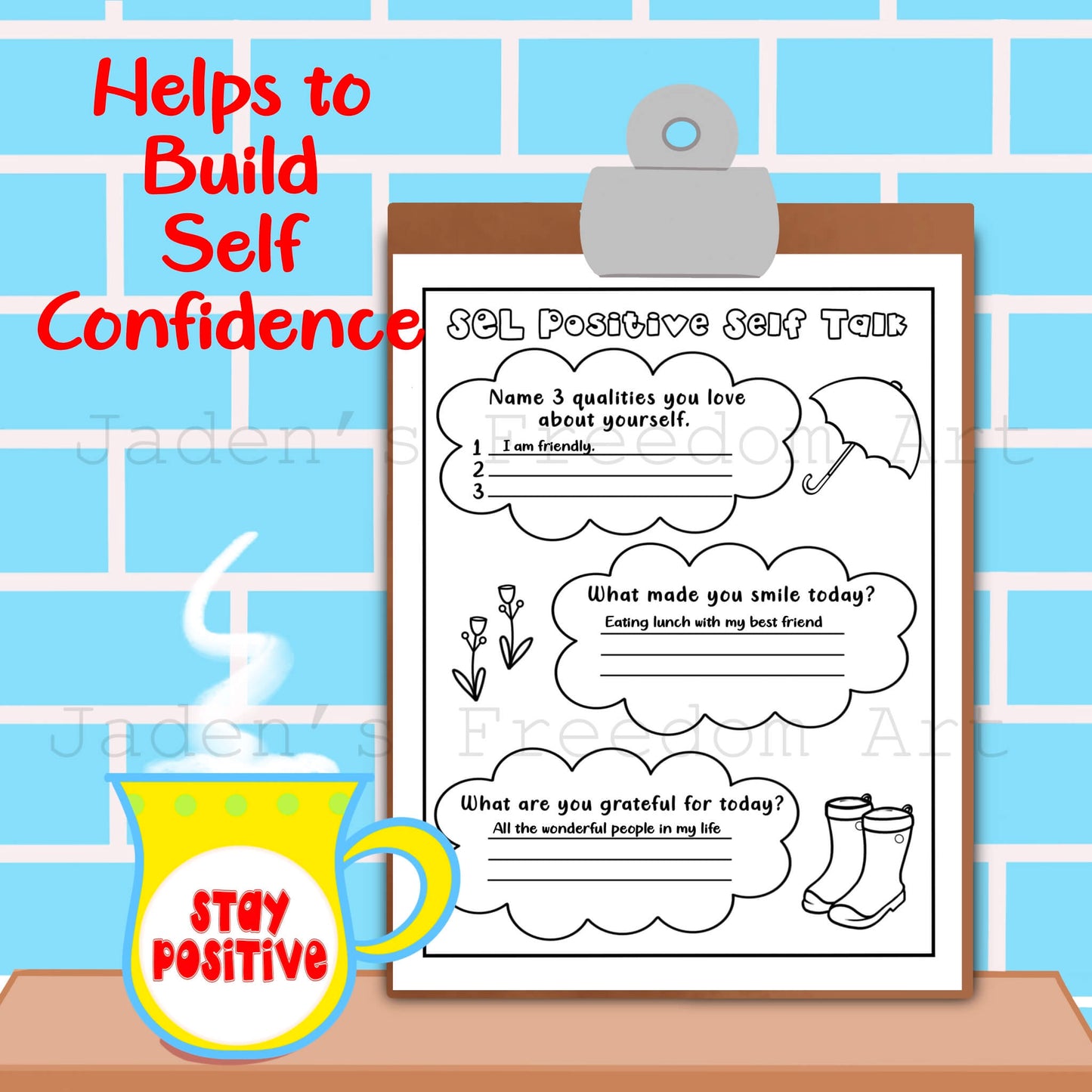 Power of Positive Thinking SEL Bundle for Kids Growth Mindset Printable Coloring Page Self-Talk Journal Activities Positive Affirmations Thought Reframing