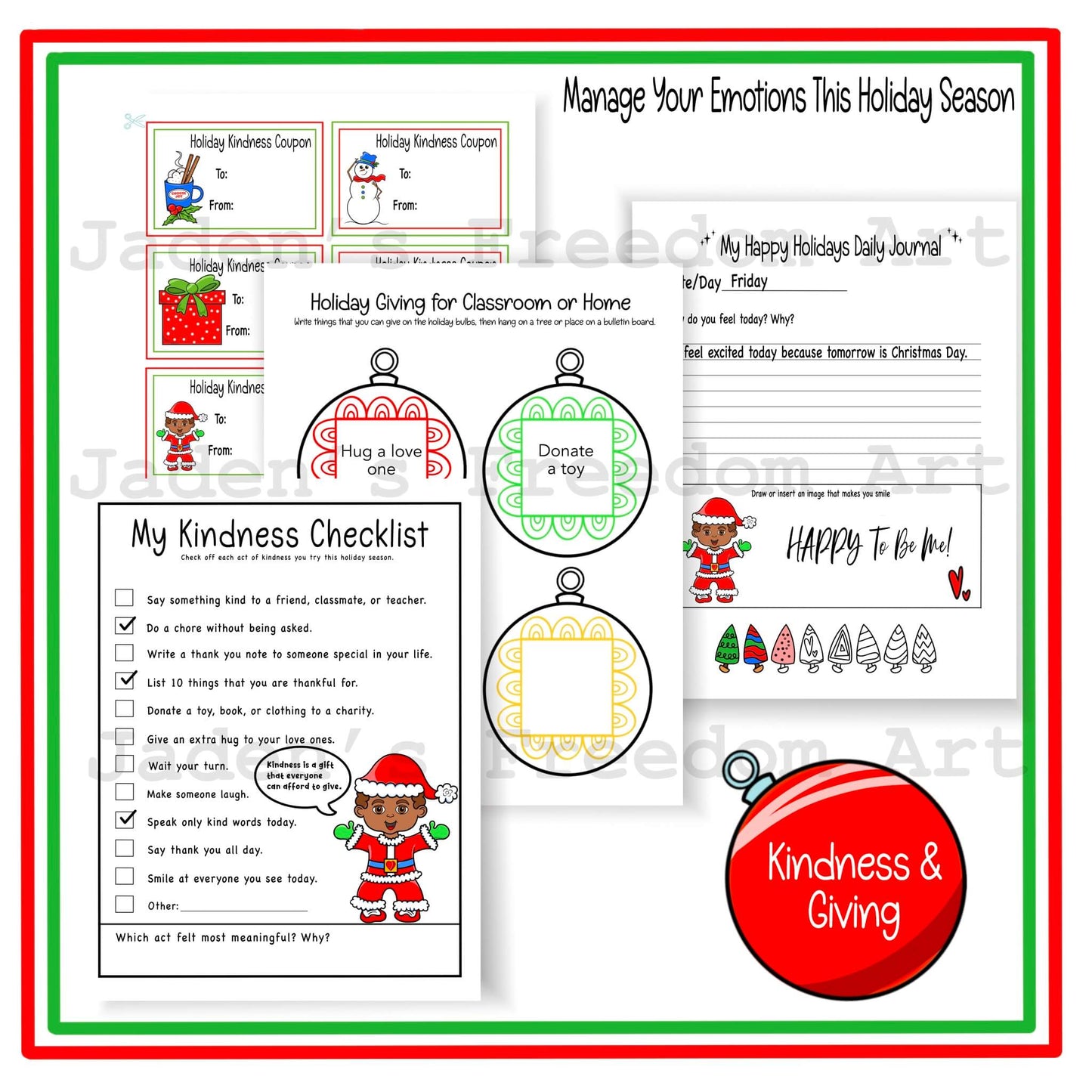 Holiday SEL Printable for Self-Regulation & Emotional Management Grades 3-5 Kindness Checklist Daily Reflection Calm Coloring Pages