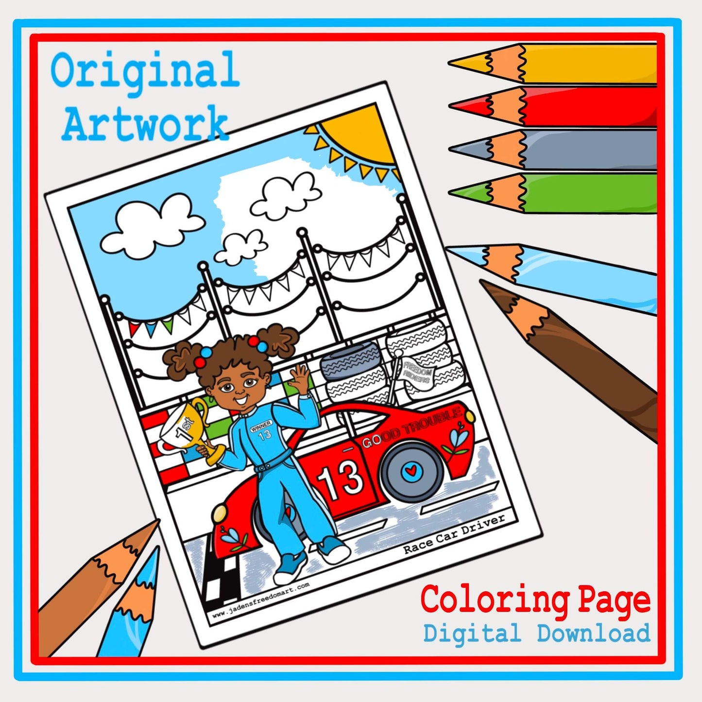 African American Female Race Car Driver Coloring Sheet Activity Quiet Time Fun School Empowerment for Girls