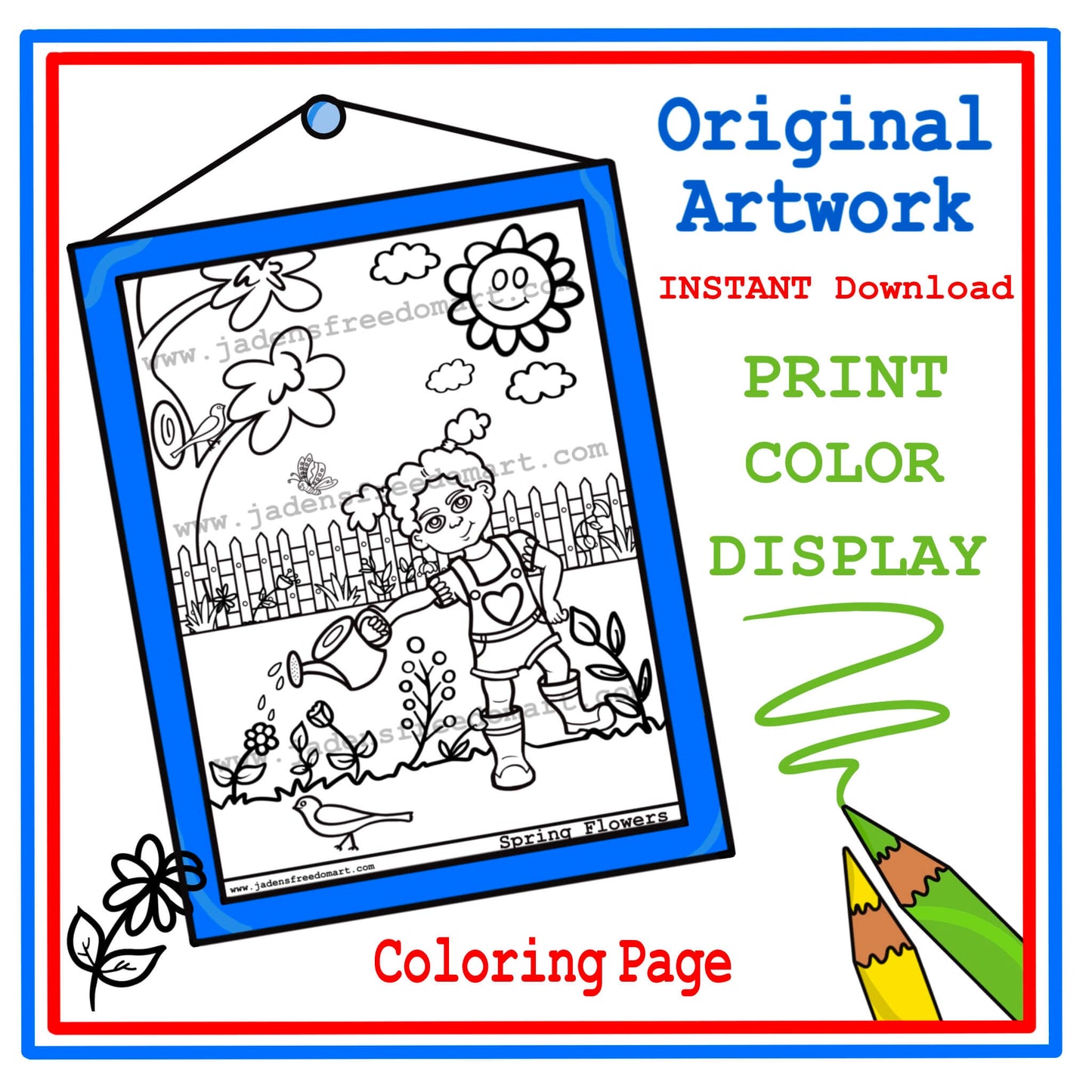 Flowers Springtime Coloring Page Girl Watering Flowers Party Activity for Kids at Home or School