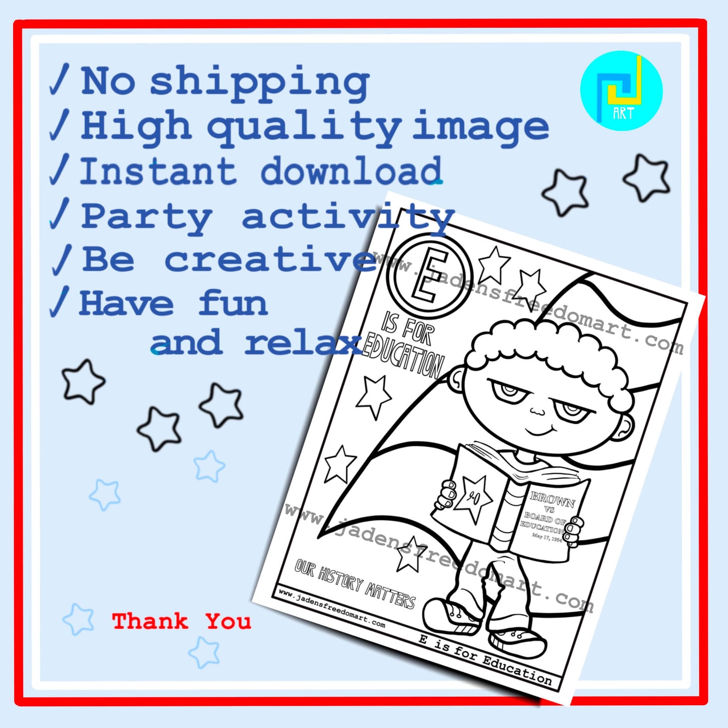 Black History Printable Coloring Page Educational PDF E is for Education Children Wall Art