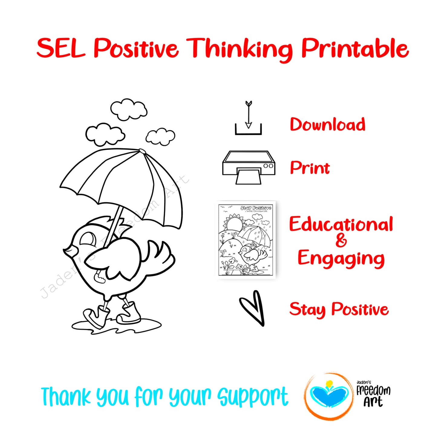 Power of Positive Thinking SEL Bundle for Kids Growth Mindset Printable Coloring Page Self-Talk Journal Activities Positive Affirmations Thought Reframing