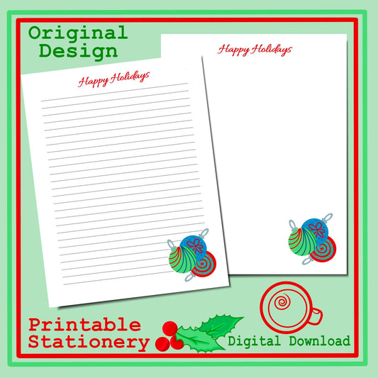 Happy Holidays Ornaments Printable Stationery Journal Writing Notetaking Lined and Unlined