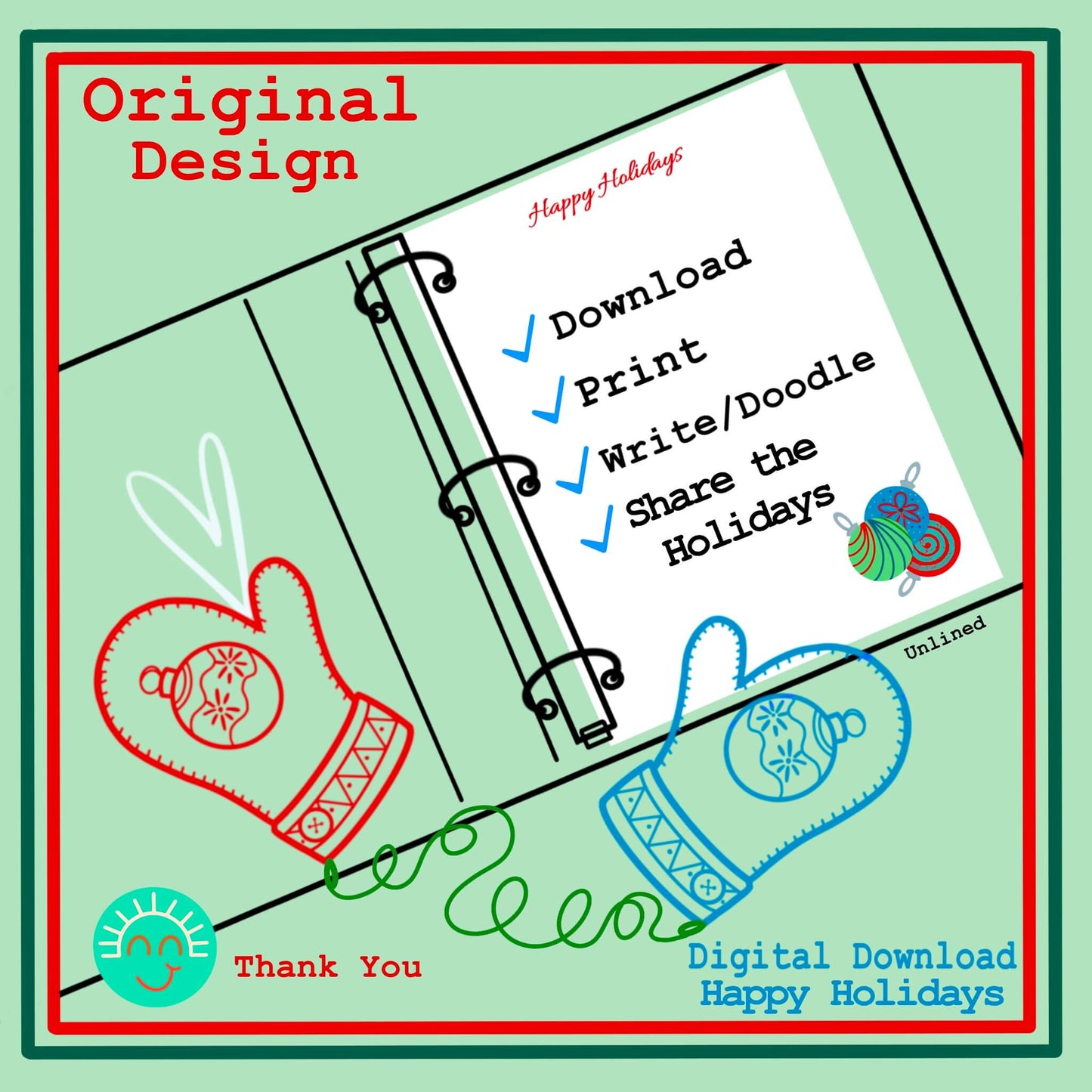 Happy Holidays Ornaments Printable Stationery Journal Writing Notetaking Lined and Unlined