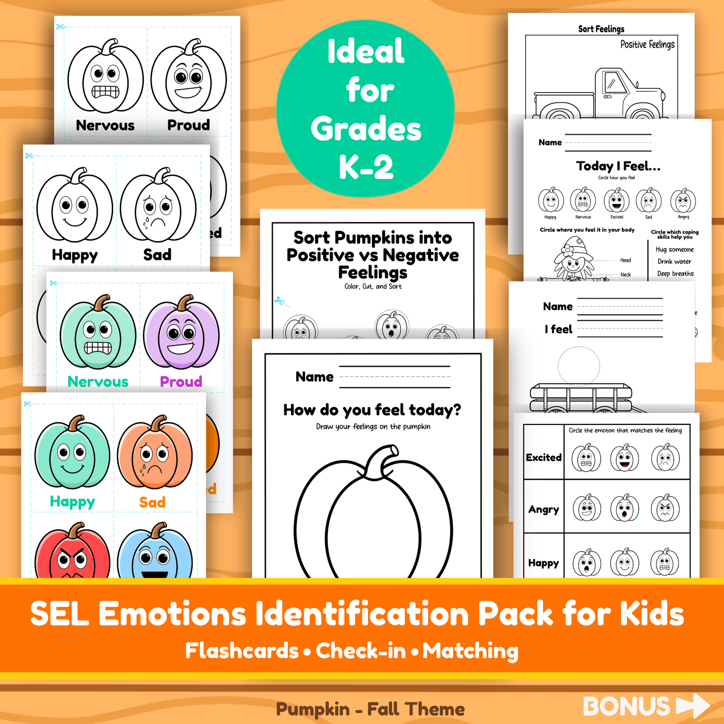 Fall Feelings Activities Pumpkin Themed SEL Pack Emotions Identification Worksheets Flashcards Kindergarten 1st and 2nd Grade