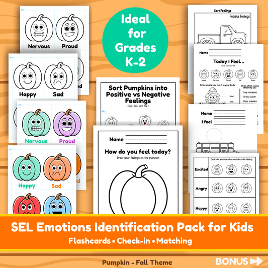 Fall Feelings Activities Pumpkin Themed SEL Pack Emotions Identification Worksheets Flashcards Kindergarten 1st and 2nd Grade