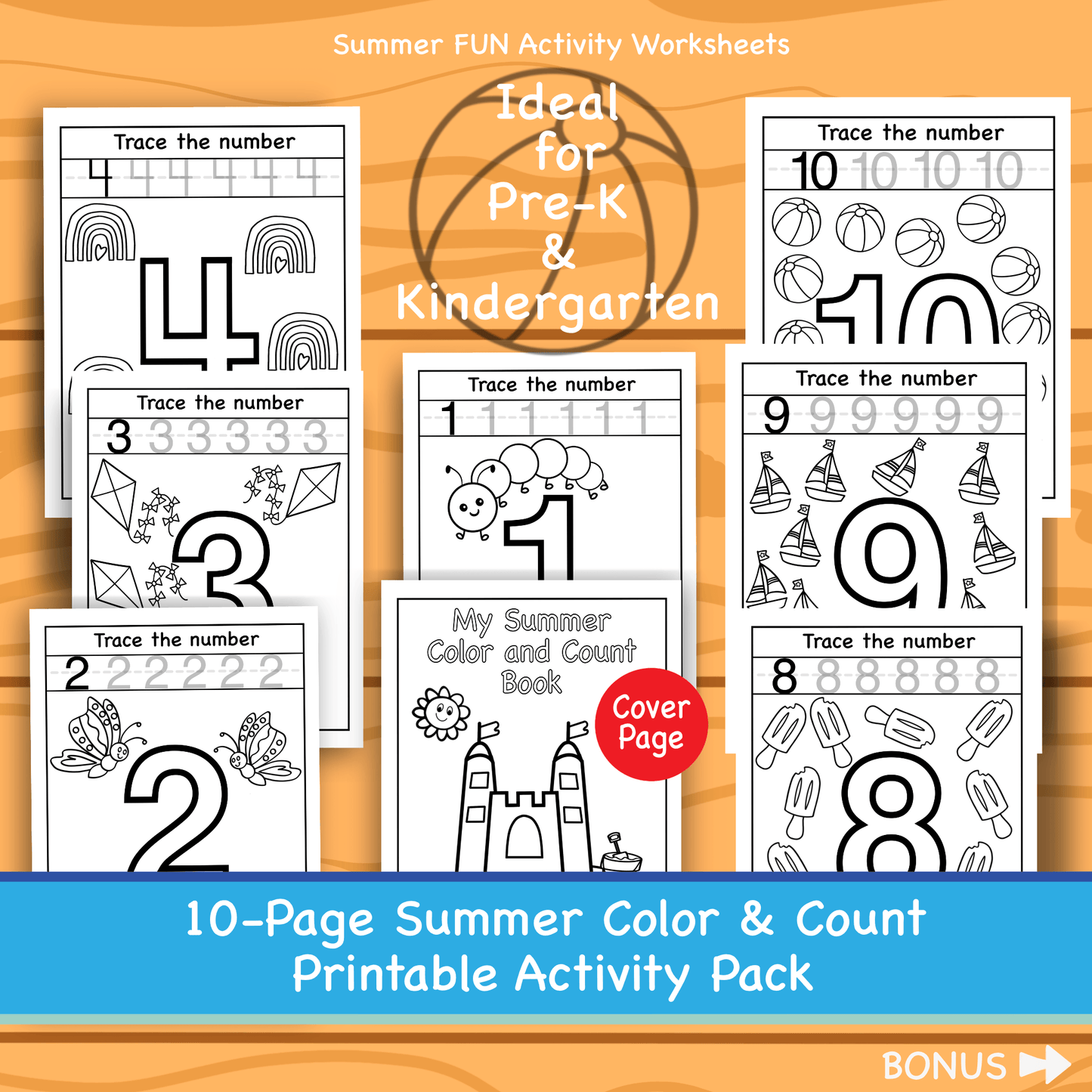 10 Page Summer Color and Count Worksheets 1–10 Trace Preschool Math Printable Kindergarten Educational Activity Pack Homeschool Learning