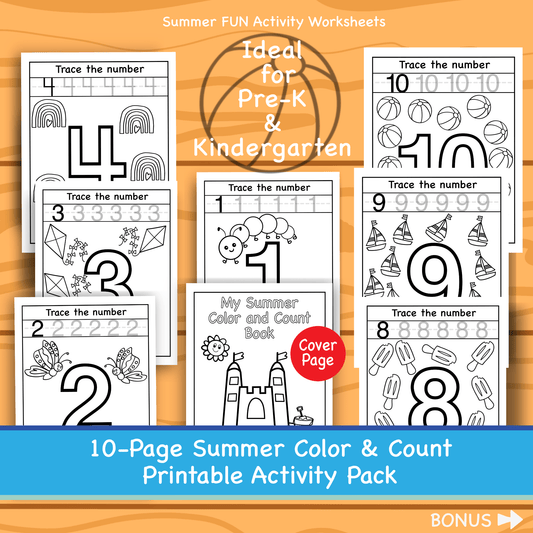 10 Page Summer Color and Count Worksheets 1–10 Trace Preschool Math Printable Kindergarten Educational Activity Pack Homeschool Learning