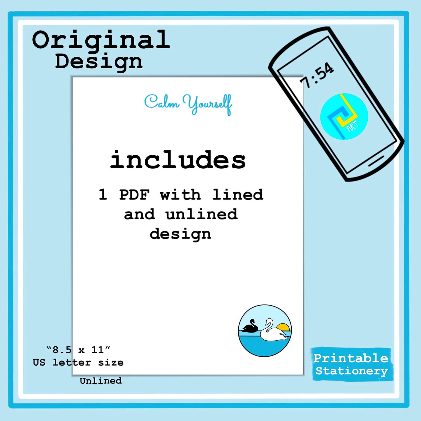 Swans Printable Stationery Set US Letter Writing Paper Lined Gratitude Sheets