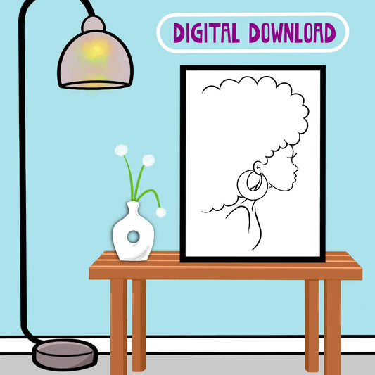 Minimalist Line Art Female Drawing Wall Digital Print African American Woman Illustration