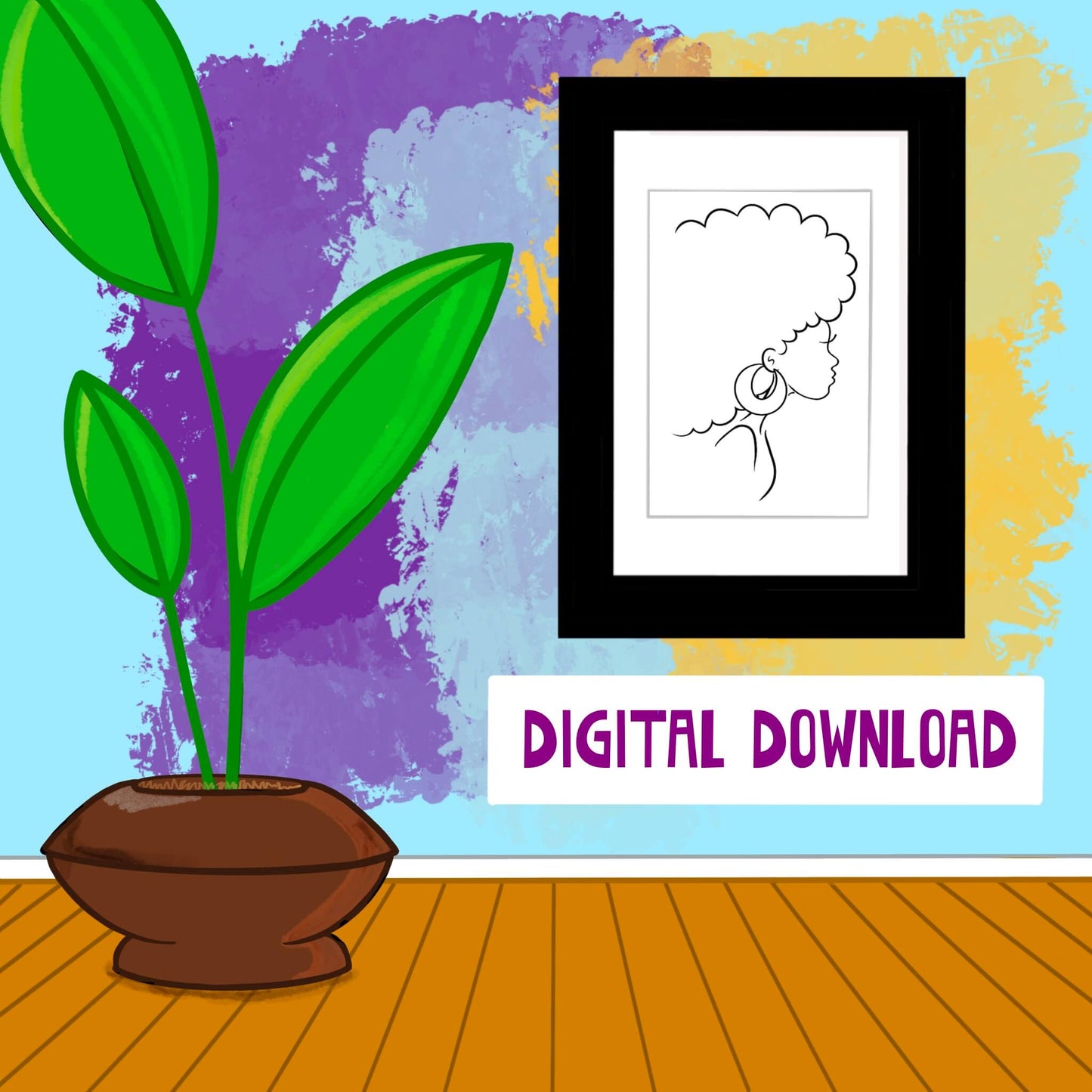 Minimalist Line Art Female Drawing Wall Digital Print African American Woman Illustration