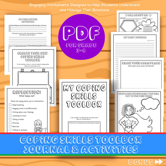 Coping Skills Toolbox Printable SEL Journal Activities Grades 3-6 Self-Regulation Self-Awareness Bundle Coloring Pages