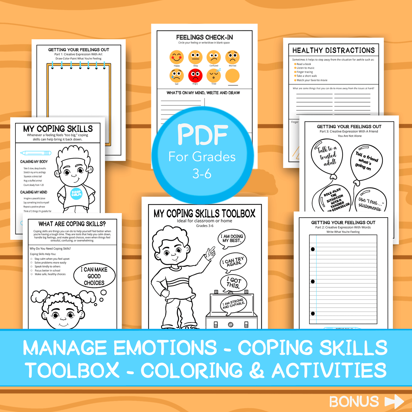 A Coping Skills Printable Toolbox Pack for Kids Emotions Feelings Check-In SEL Activity for Grades 3–6 Journaling Calm Coloring Pages Teachers Resources