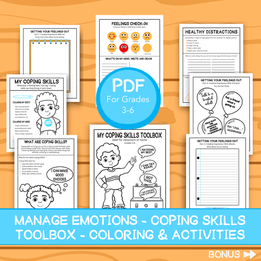 A Coping Skills Printable Toolbox Pack for Kids Emotions Feelings Check-In SEL Activity for Grades 3–6 Journaling Calm Coloring Pages Teachers Resources