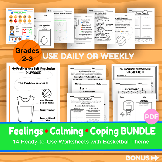 14 Page Feelings Coping Skills Lesson Calm Down Corner Printable Behavioral Tool Classroom Homeschool SEL Coloring Worksheets Grades 2-3 Basketball Themed