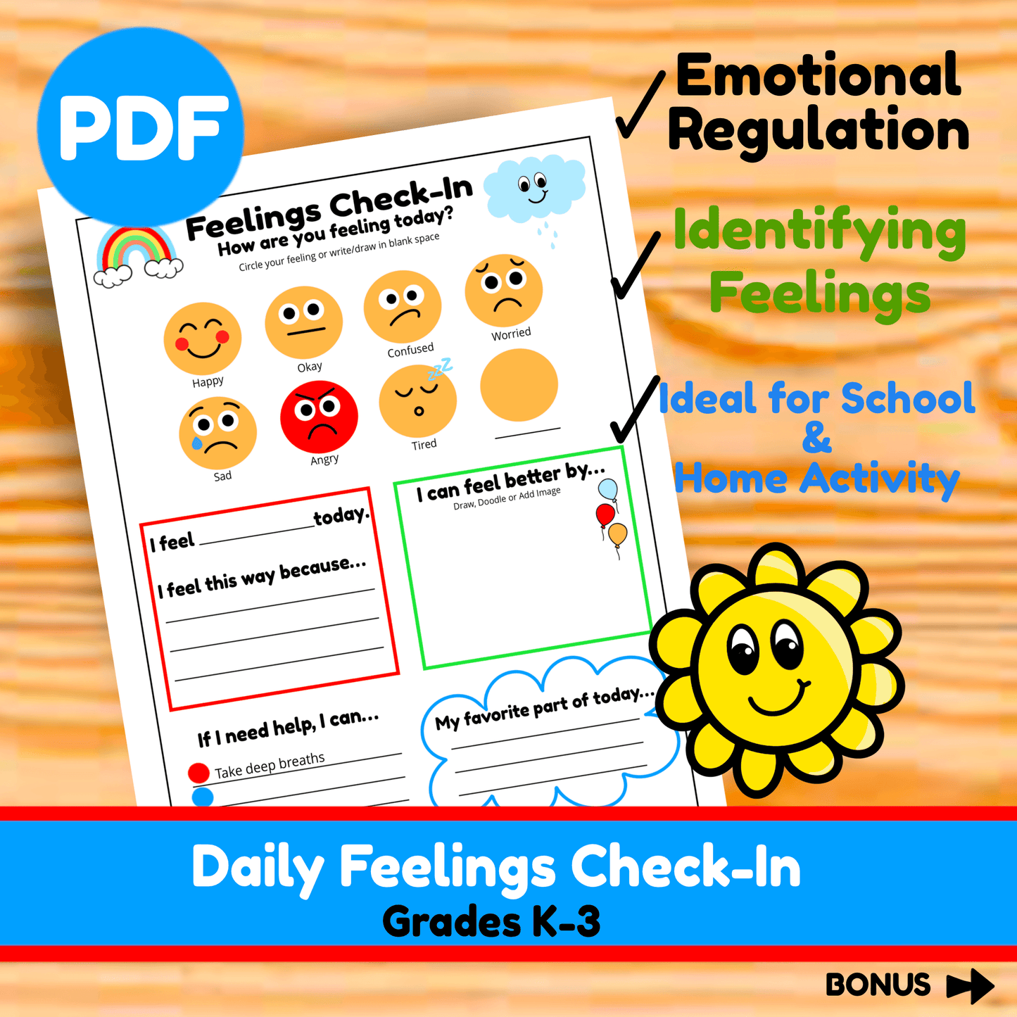 Daily Feelings Check-In Worksheet SEL Morning Meeting Activity Emotions Chart for Kids Grades K–3 Coping Skills Self-Awareness