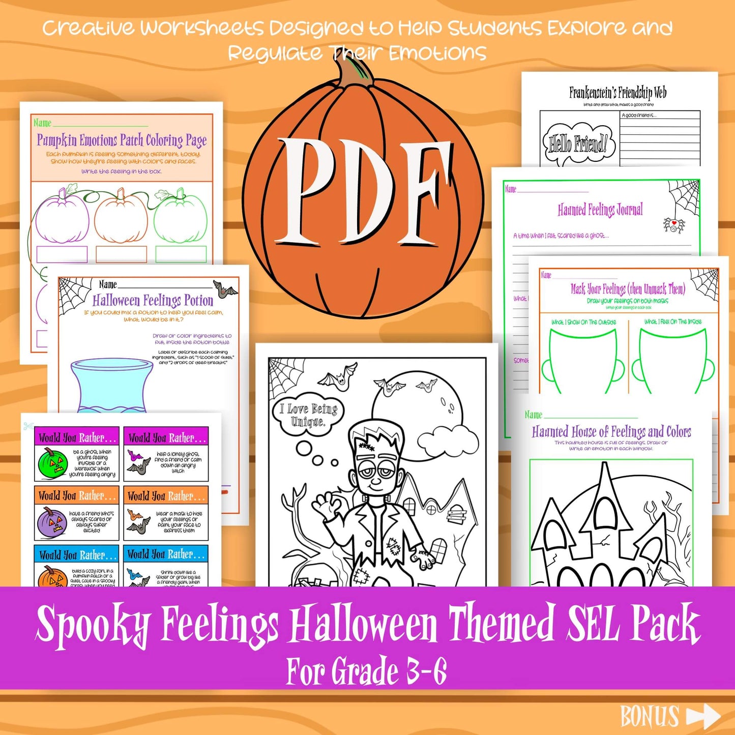 Halloween Themed Creative Worksheets for Emotional Expression & Self-Regulation Printable 8 Pages Party and Seasonal