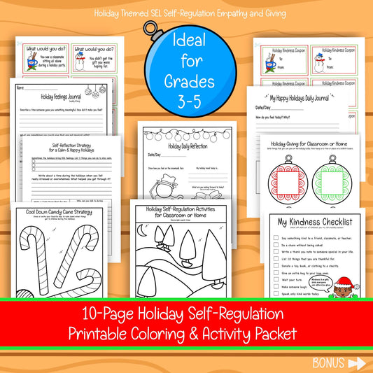 Holiday SEL Printable for Self-Regulation & Emotional Management Grades 3-5 Kindness Checklist Daily Reflection Calm Coloring Pages