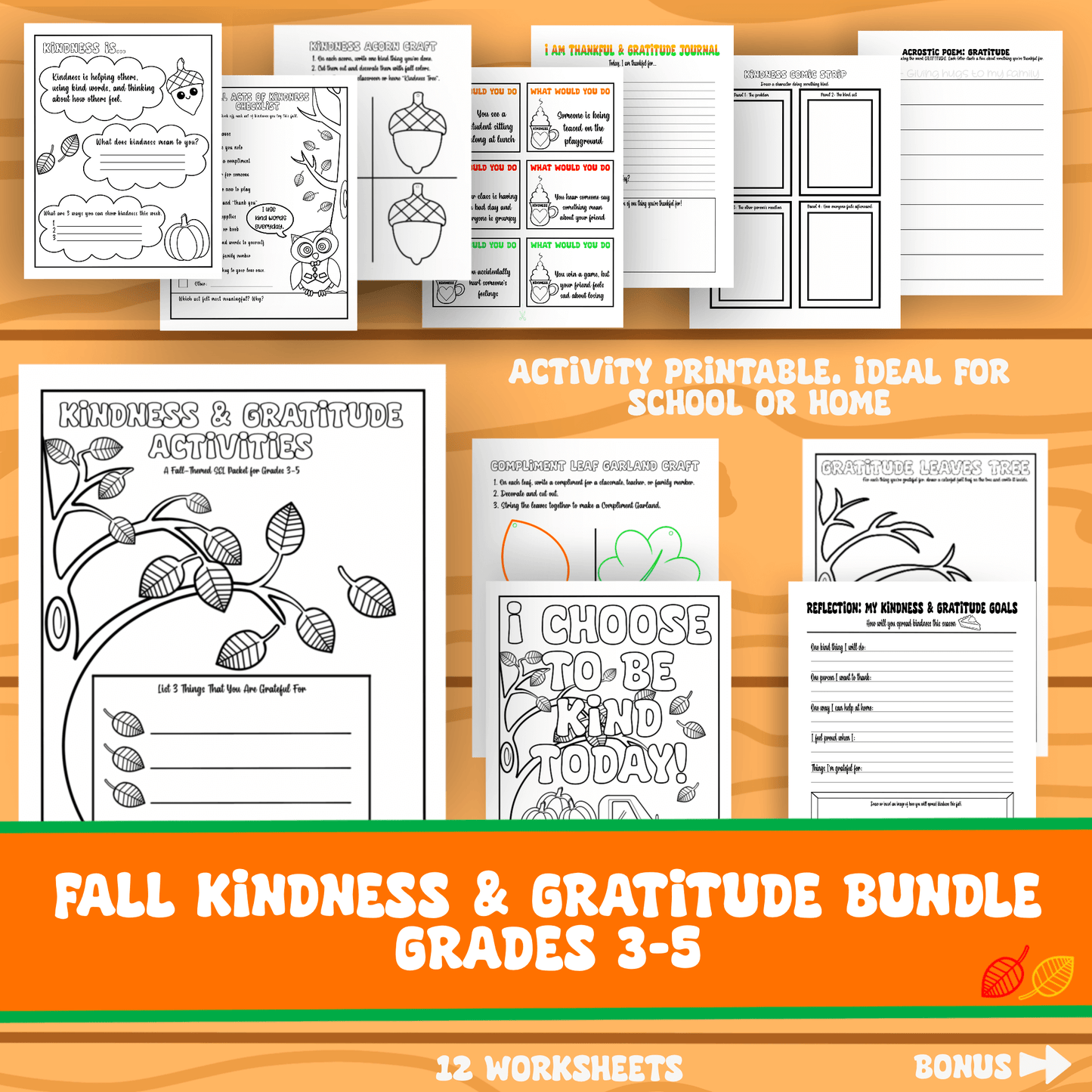 Kindness and Gratitude Activity Worksheets SEL Journal Prompts Crafts Affirmation Coloring Page Grades 3-5