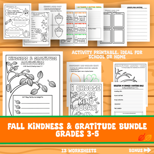 Kindness and Gratitude Activity Worksheets SEL Journal Prompts Crafts Affirmation Coloring Page Grades 3-5