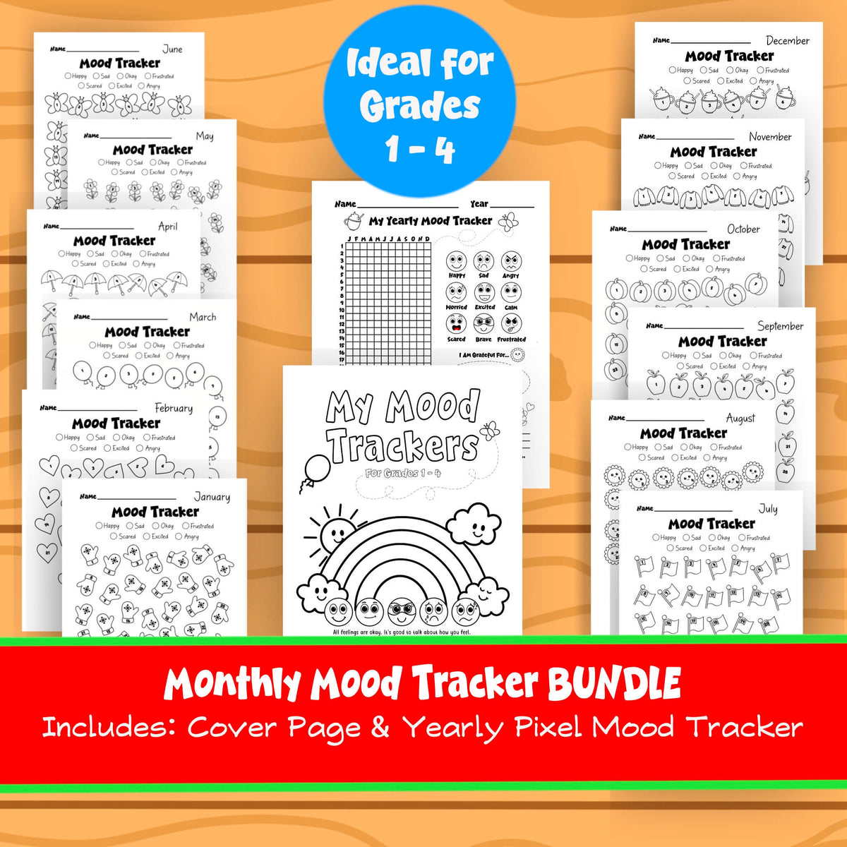 Kids Monthly Mood Tracker Printable Themed Yearly Pixel Tracker Emotions Monitor for Children Feelings Journal Grades 1-4 Emotional Wellness Activity