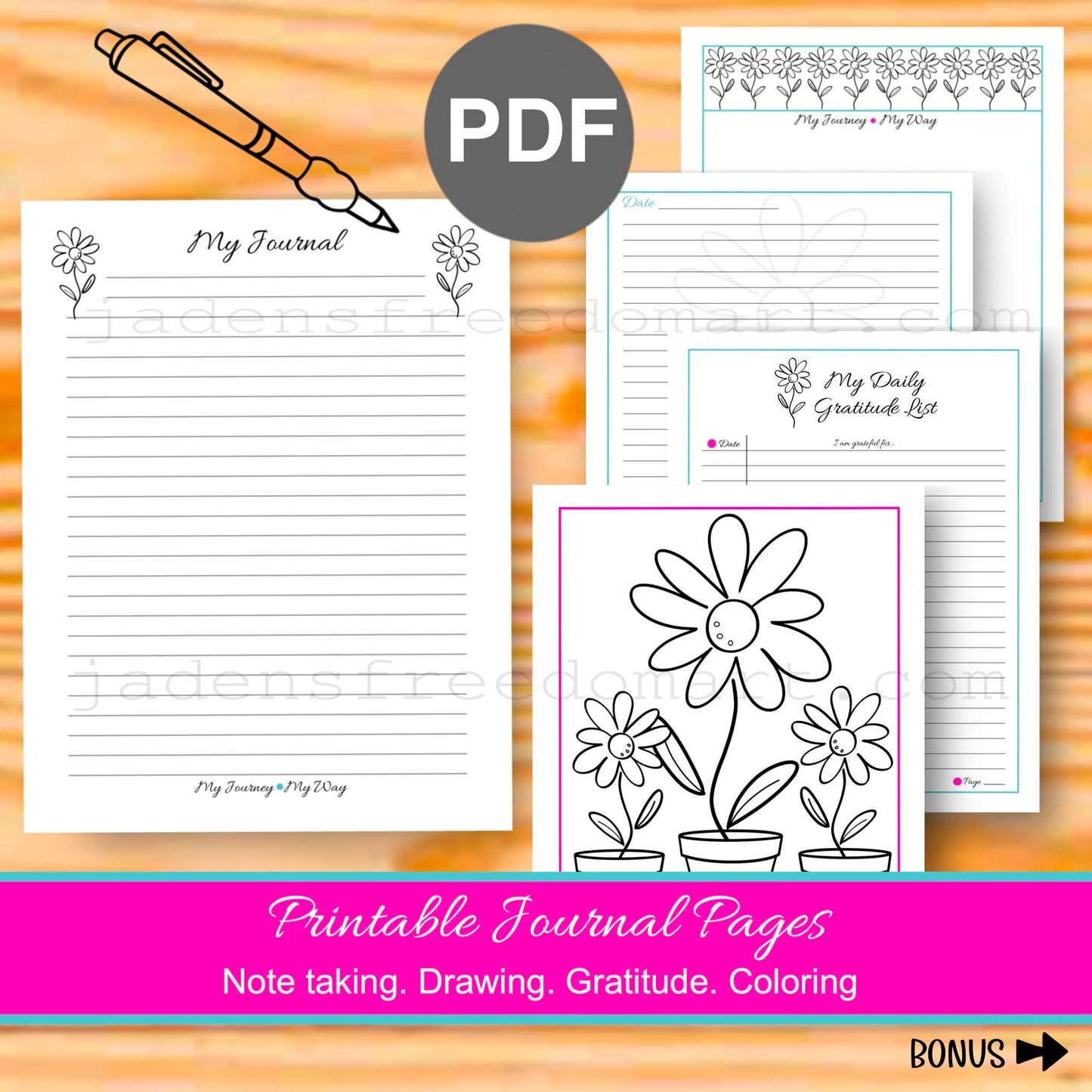 My Journey My Way Printable Journal & Stationery Set Floral Writing Pages, Gratitude List & Coloring Page Instant Download PDF