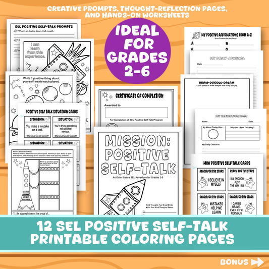 Positive Self-Talk Printable for Kids Space Travel-Themed SEL Activities 12-Page Social Emotional Learning Resource Daily Journal