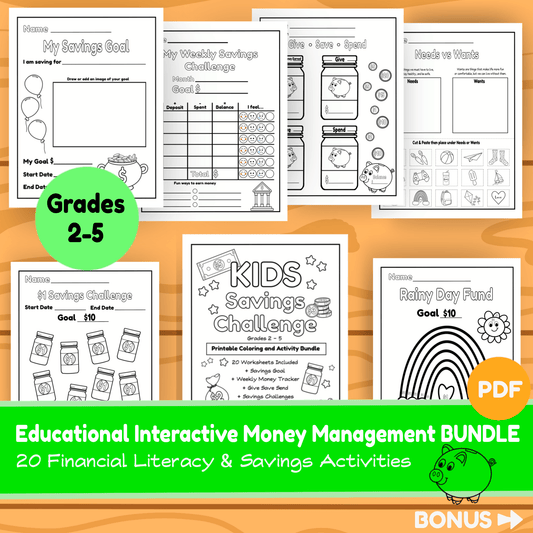 A promotional collage for an educational interactive money management bundle, showing several printable worksheet pages including budgeting charts, savings goals, and a rainy day fund activity sheet. The layout includes a green circle reading 'Grades 2-5', a large green banner at the bottom that says 'Educational Interactive Money Management BUNDLE 20 Financial Literacy & Savings Activities', and a pig illustration with 'BONUS' in the lower right corner.