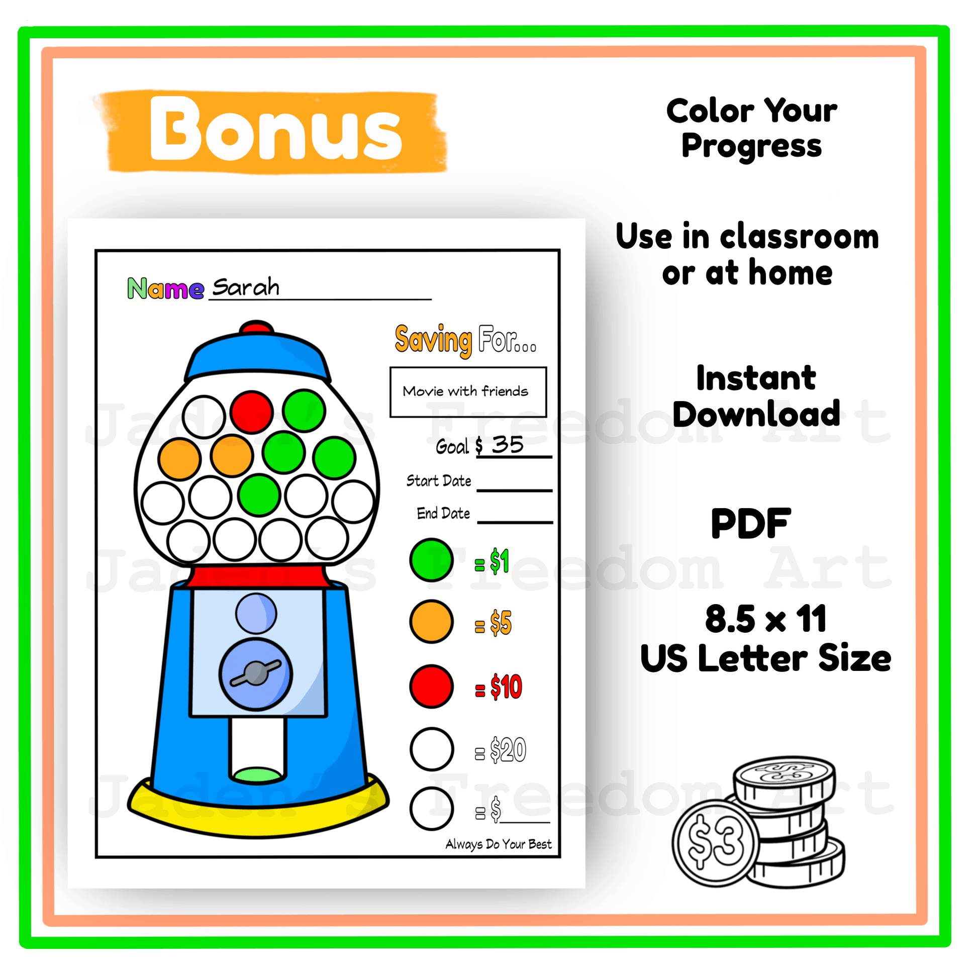 A printable bonus worksheet template for tracking savings, featuring a colorful gumball machine illustration and text promoting an instant PDF download in US Letter Size. The design includes orange, green, red, yellow, and blue elements on a white background with decorative border lines.