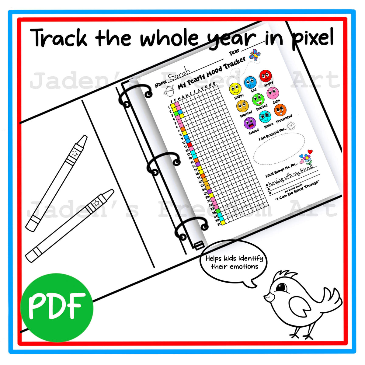 Kids Monthly Mood Tracker Printable Themed Yearly Pixel Tracker Emotions Monitor for Children Feelings Journal Grades 1-4 Emotional Wellness Activity