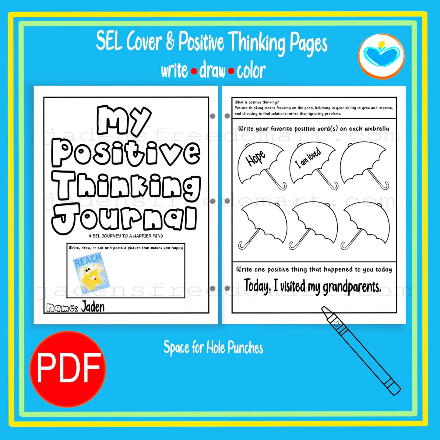 Power of Positive Thinking SEL Bundle for Kids Growth Mindset Printable Coloring Page Self-Talk Journal Activities Positive Affirmations Thought Reframing