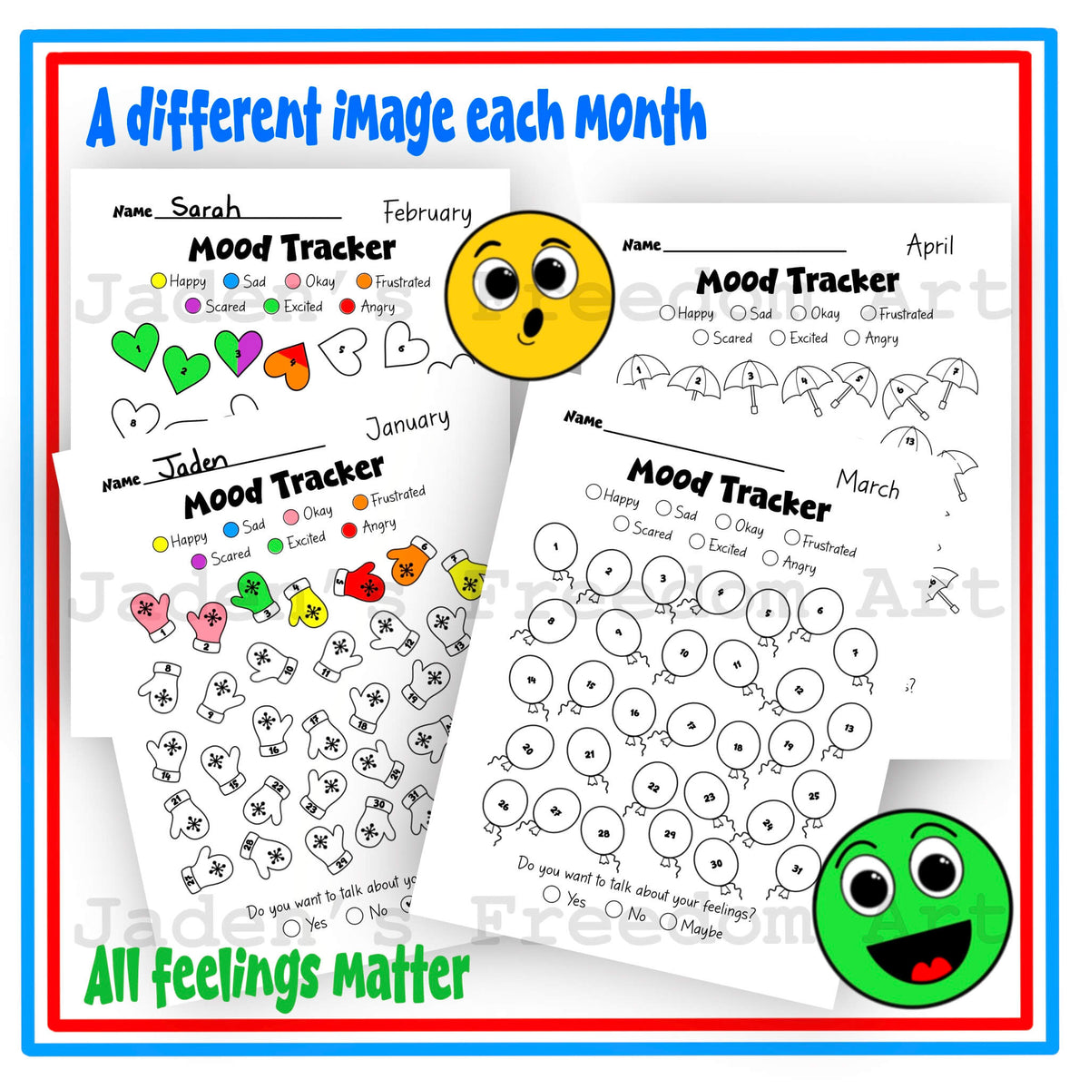 Kids Monthly Mood Tracker Printable Themed Yearly Pixel Tracker Emotions Monitor for Children Feelings Journal Grades 1-4 Emotional Wellness Activity