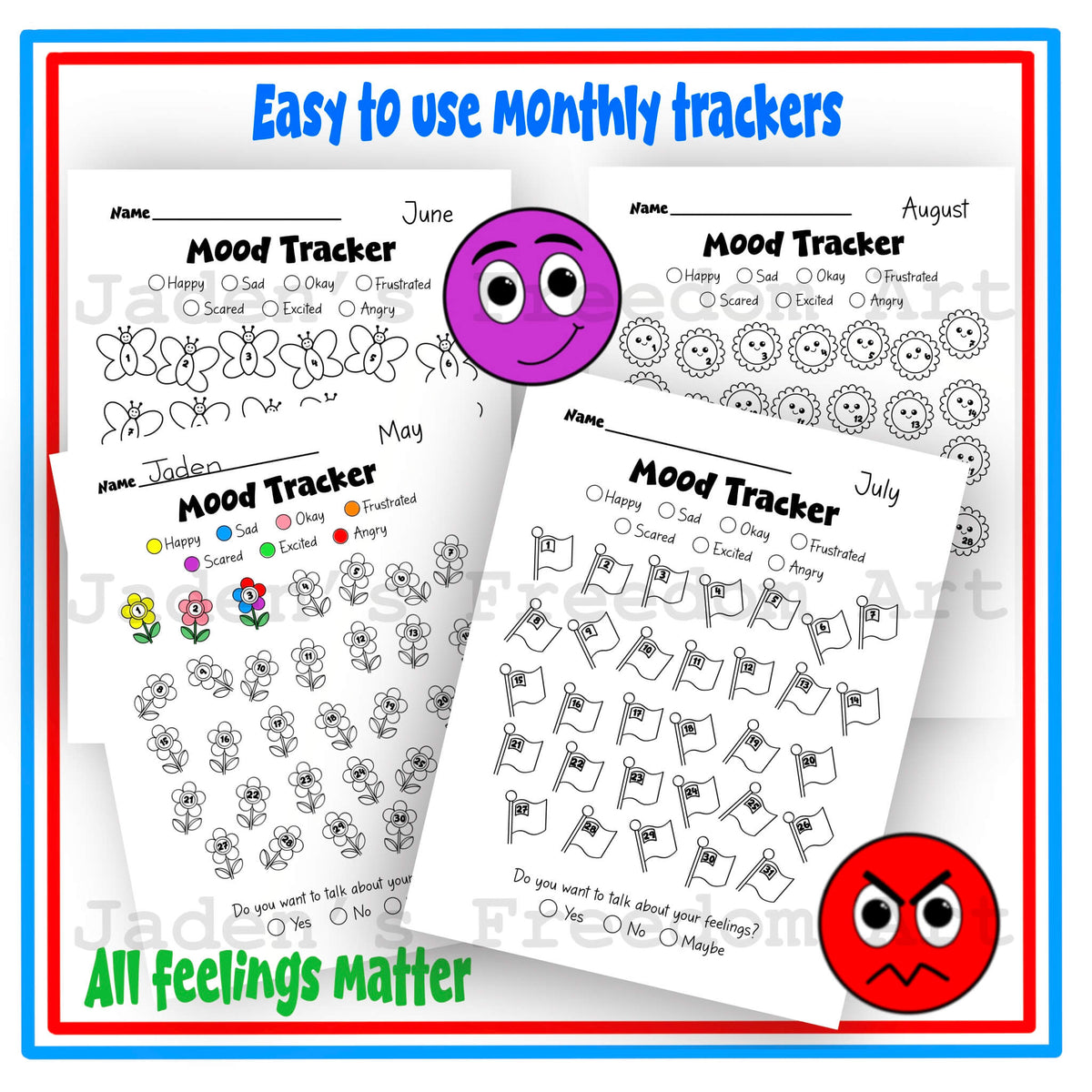 Kids Monthly Mood Tracker Printable Themed Yearly Pixel Tracker Emotions Monitor for Children Feelings Journal Grades 1-4 Emotional Wellness Activity