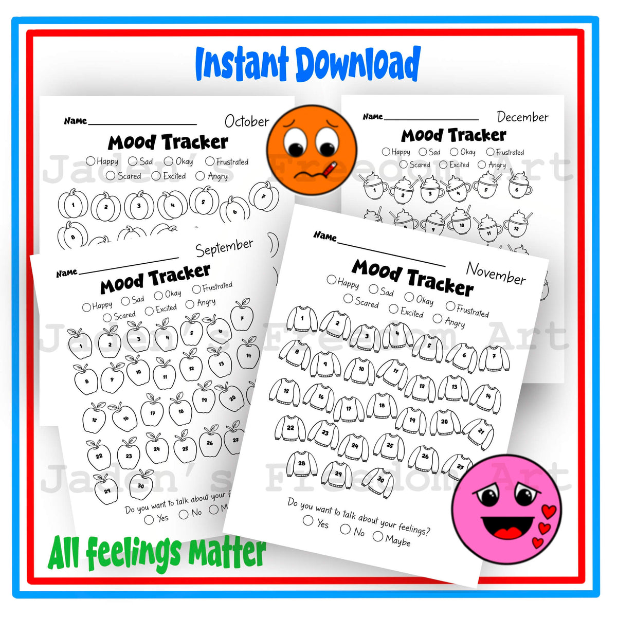 Kids Monthly Mood Tracker Printable Themed Yearly Pixel Tracker Emotions Monitor for Children Feelings Journal Grades 1-4 Emotional Wellness Activity