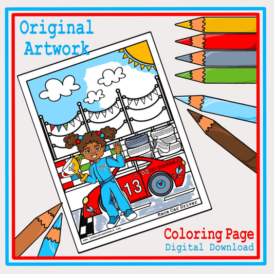 African American Female Race Car Driver Coloring Sheet Activity Quiet Time Fun School Empowerment for Girls