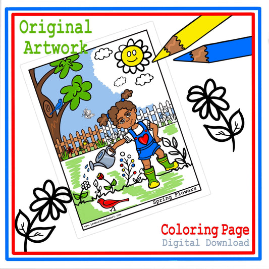 Flowers Springtime Coloring Page Girl Watering Flowers Party Activity for Kids at Home or School