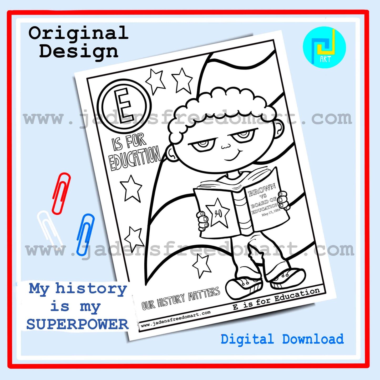 Black History Printable Coloring Page Educational PDF E is for Education Children Wall Art