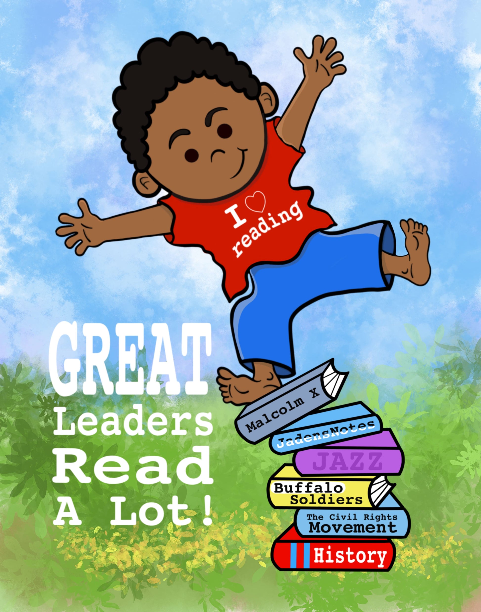 Cartoon Black Boy Jumping over books